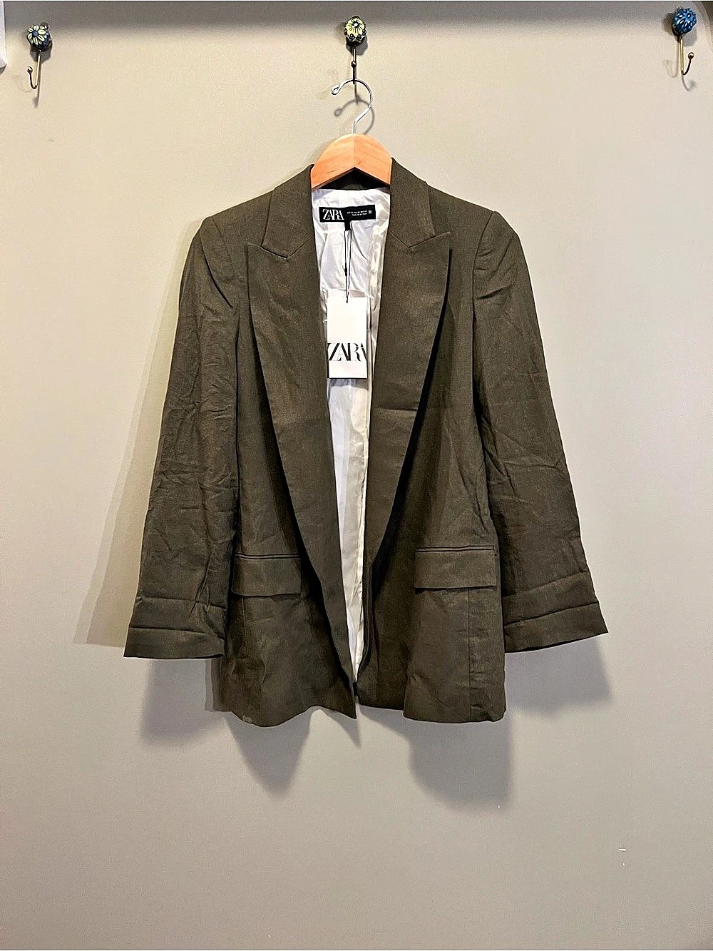 Zara Linen Blend Blazer with Rolled Sleeves Olive XS